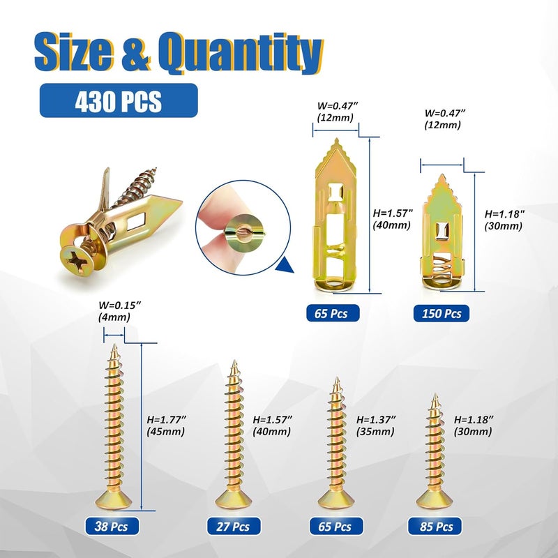 Duramedal Self Drilling Drywall Anchors with Screws Kit -430 Pcs 6 Sizes Heavy Duty Metal Expansion Anchors for Sheetrock, No Drill Needed, 50lb Rating, 2025 Upgraded Design - Image 2